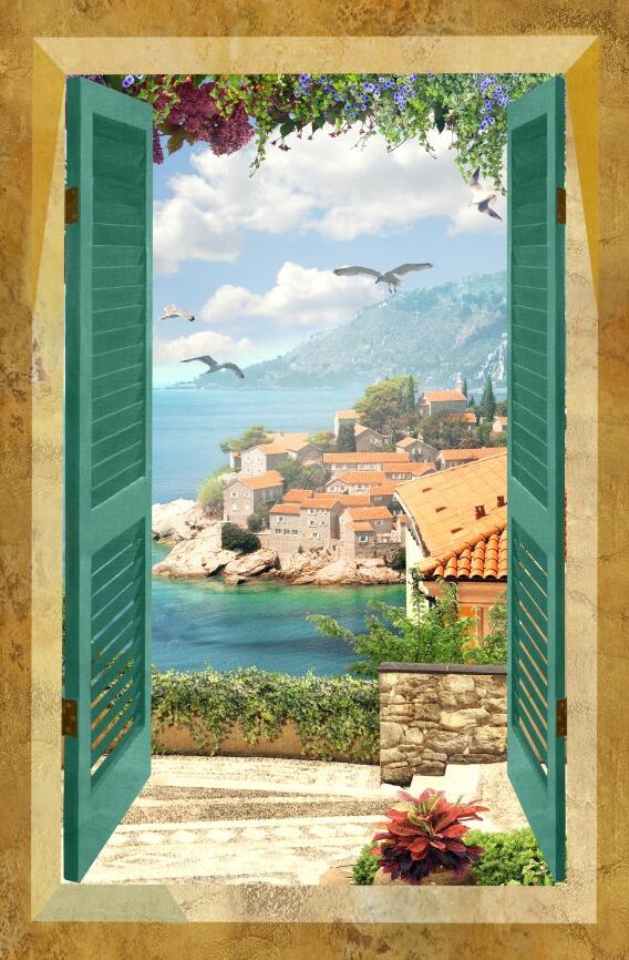 Картина на холсте окно с видом на морской городок, арт hd0882701