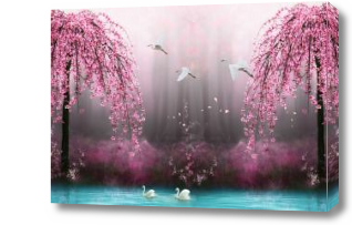 Картина Сакура и озеро